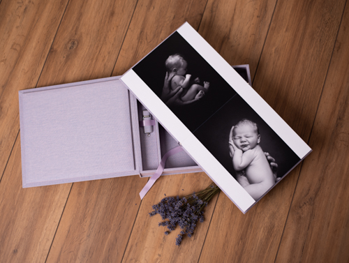 Photography album with lilac cover and matching box perfect for remembering your maternity photoshoot