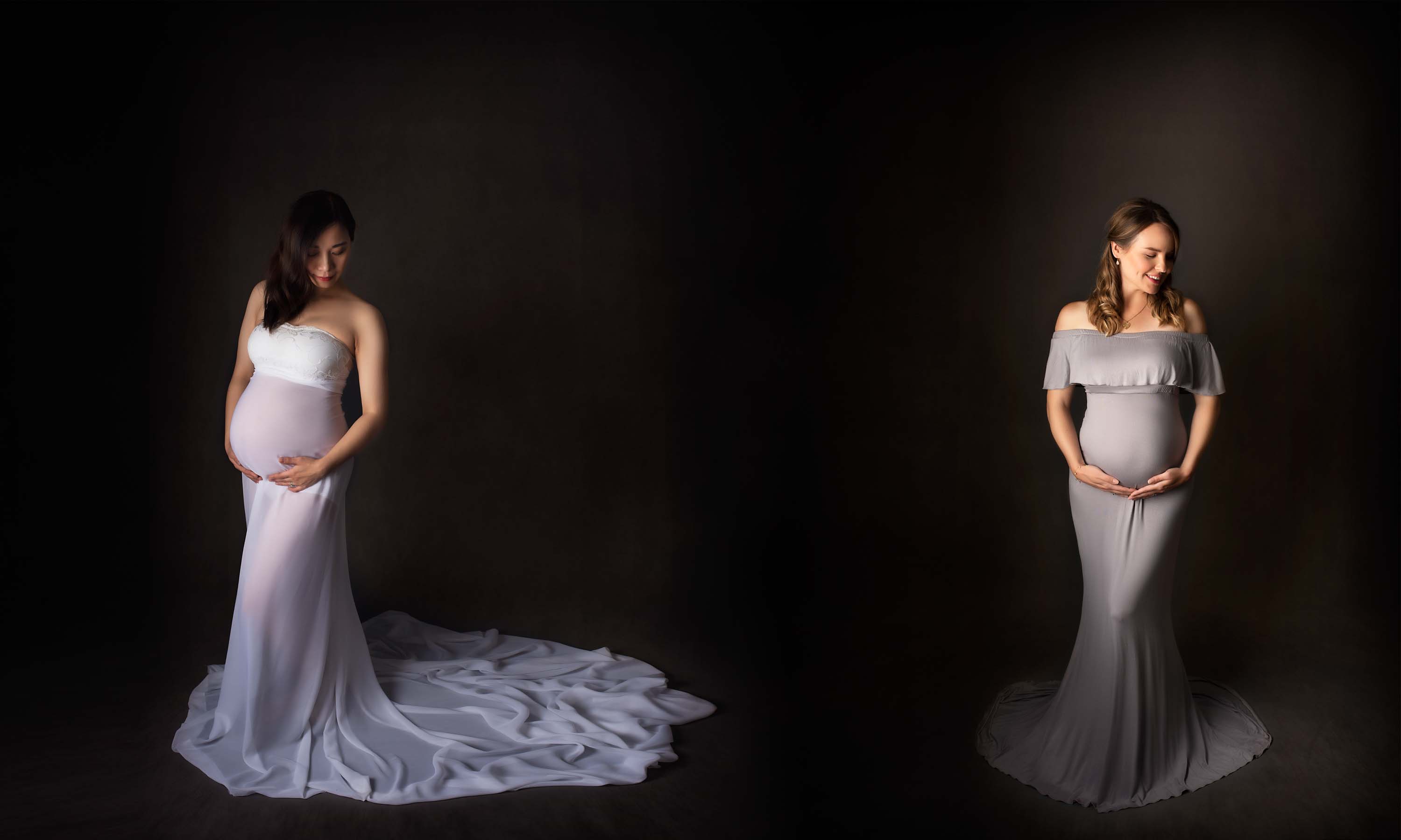 Maternity photoshoot for a Chinese lady wearing white gown and English women in grey dress