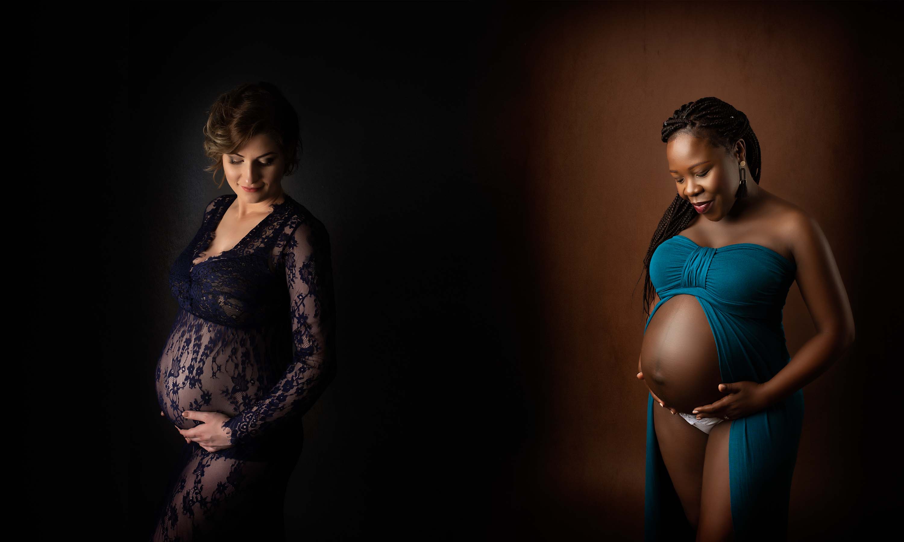 Maternity photography for one lady in a blue dress and one lady in a teal gown