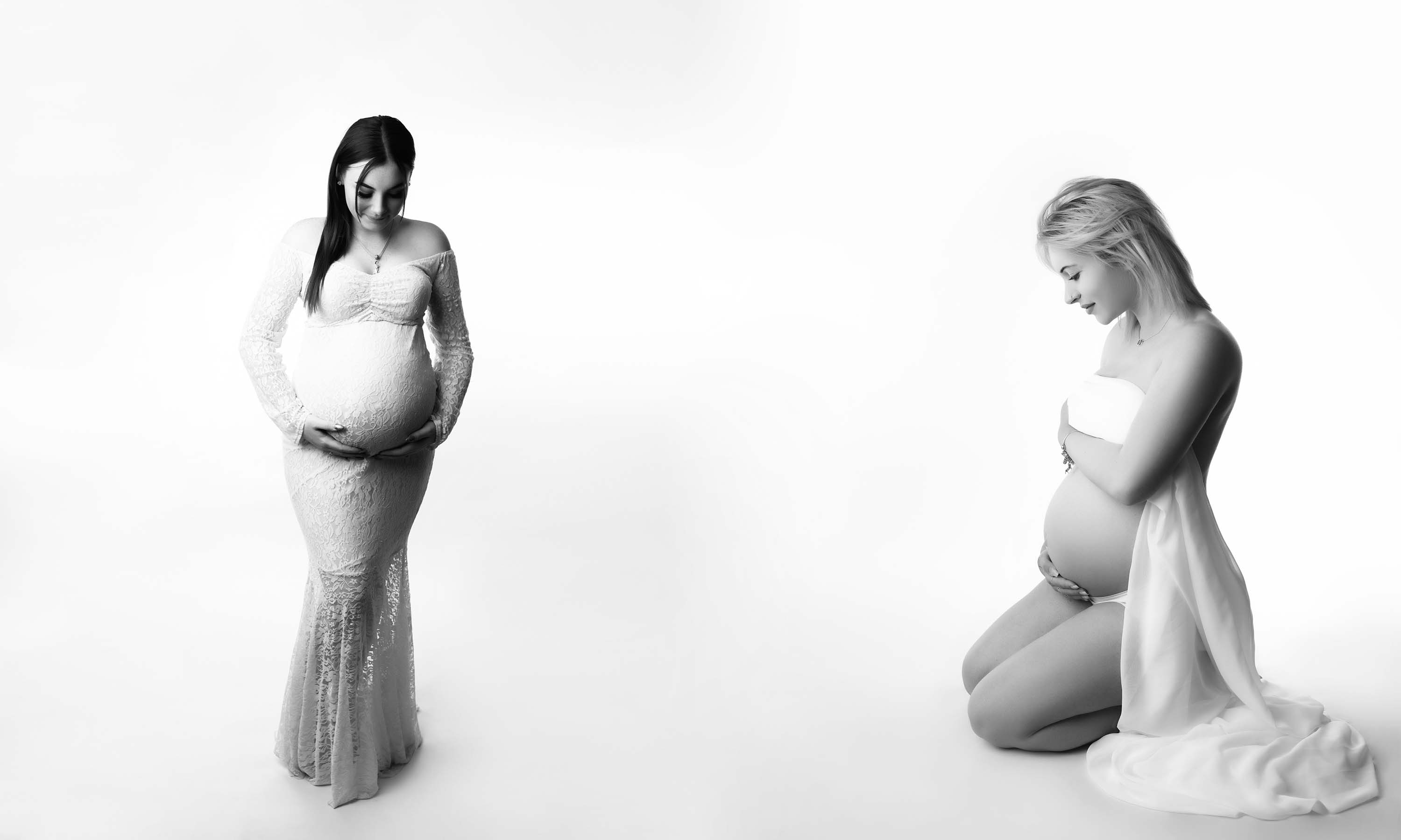 Black and white maternity photos of two baby bumps
