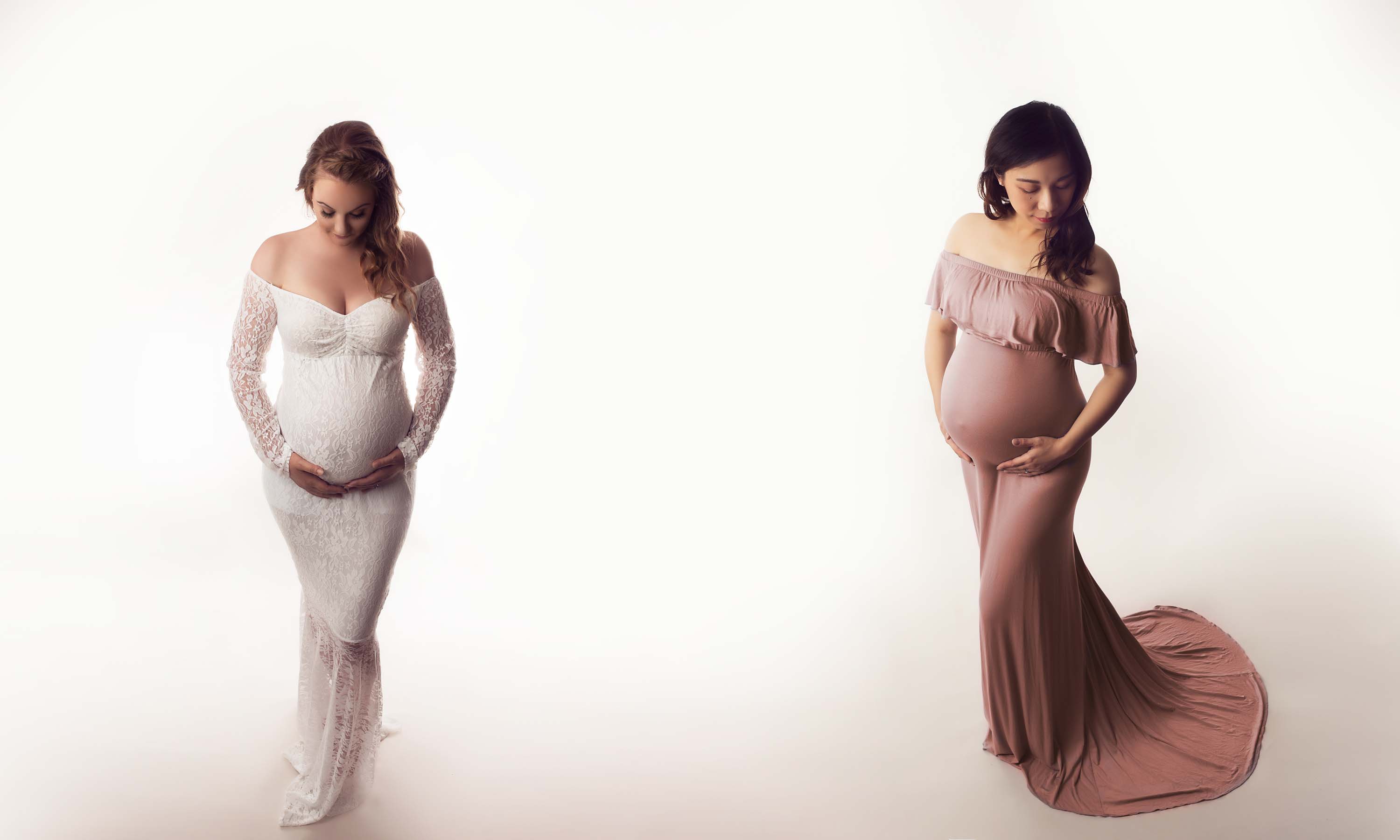 Maternity photo shoot for two ladies in neutral coloured maternity gowns