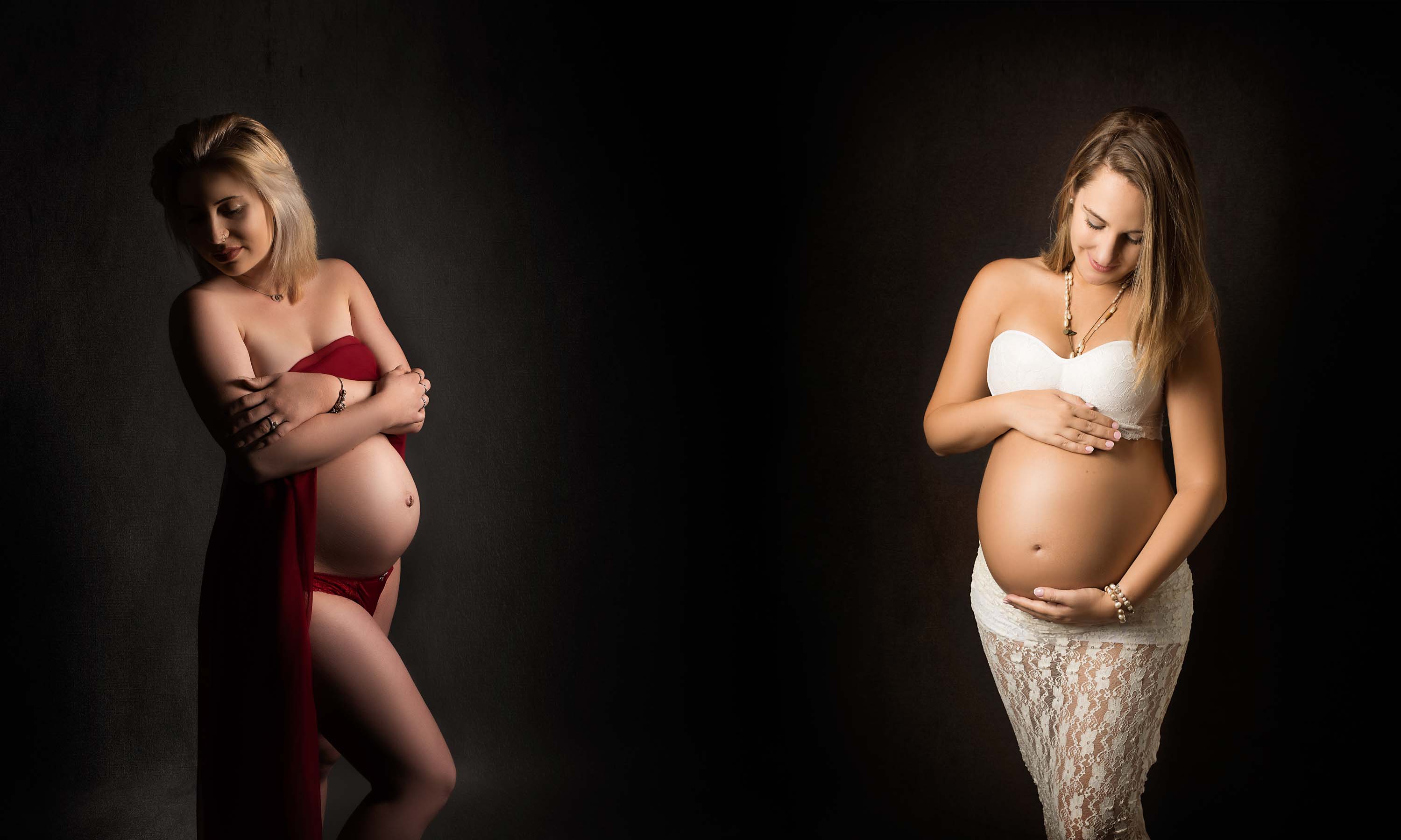 Pregnant photoshoot of one lady wearing red material and one lady wearing ivory lace