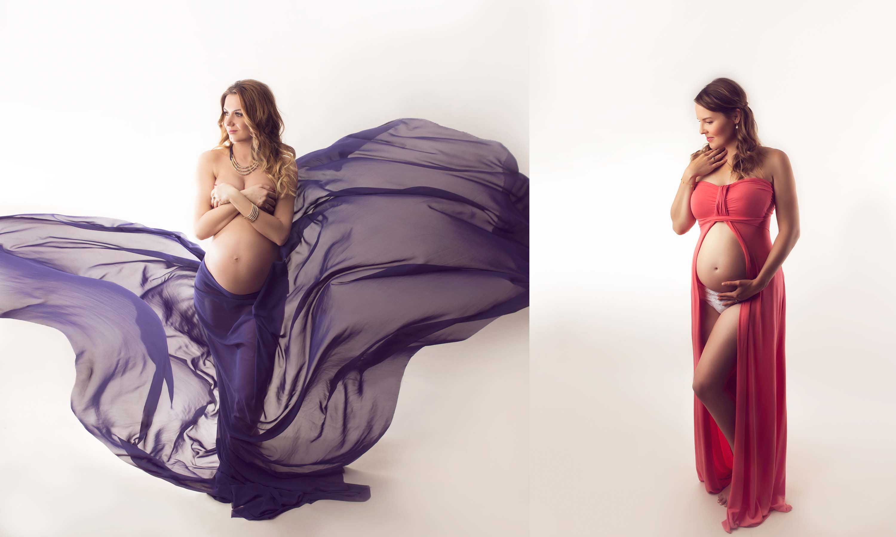 Two beautiful bumps wearing colourful dresses for their maternity photoshoot