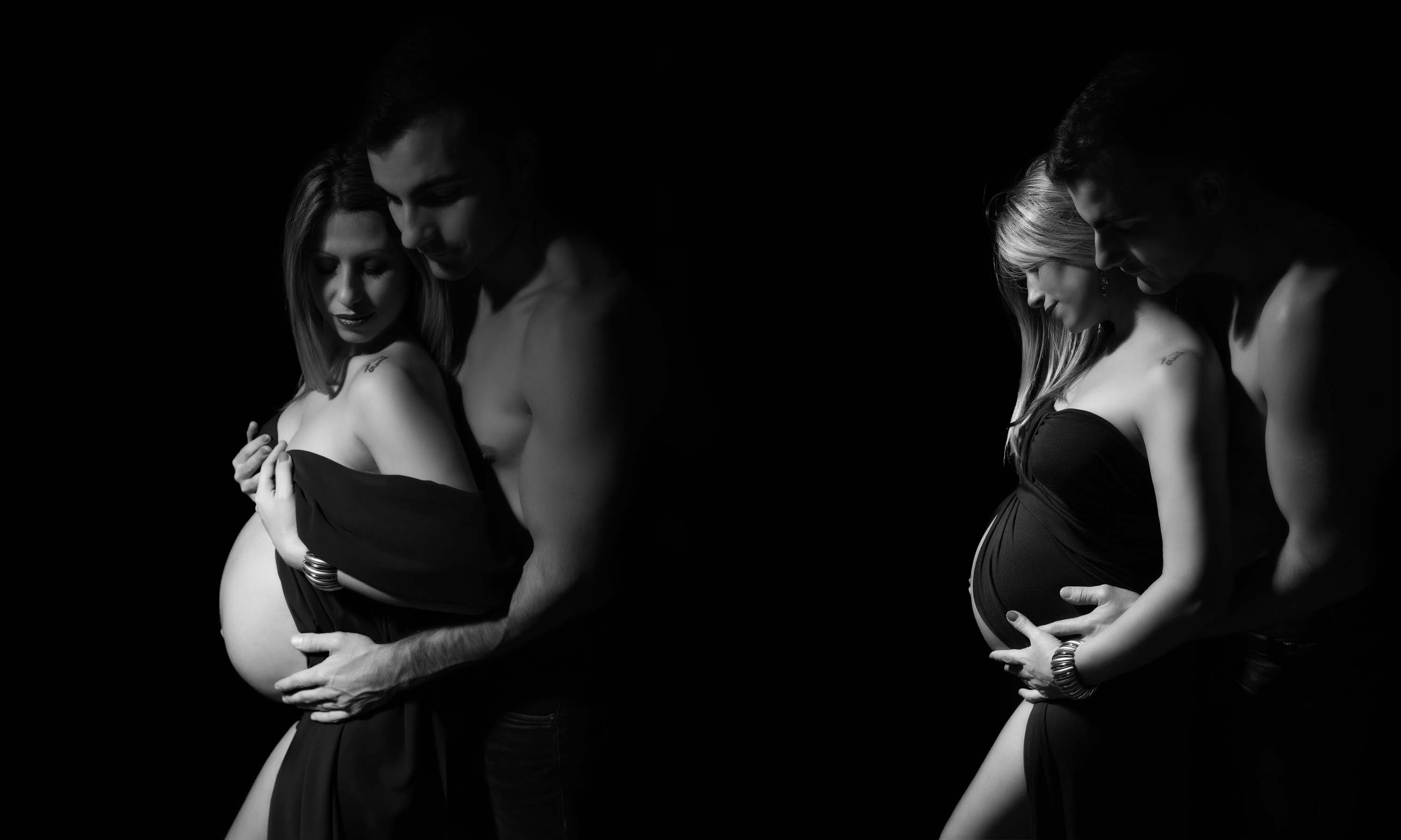 Black and white maternity photo shoot with two images of the same couple