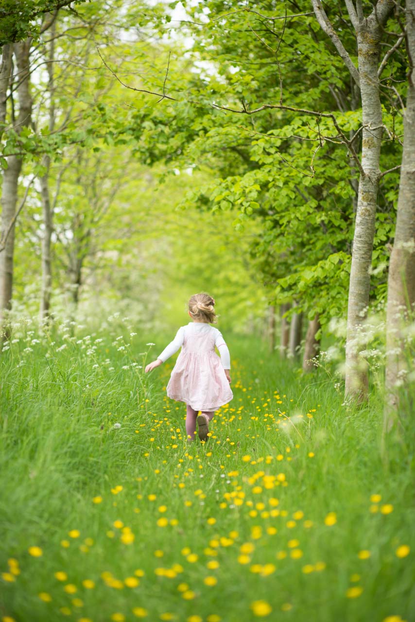 4 year old girl wearing a light pink dress running away from the camera along a grassy path full of buttercups
