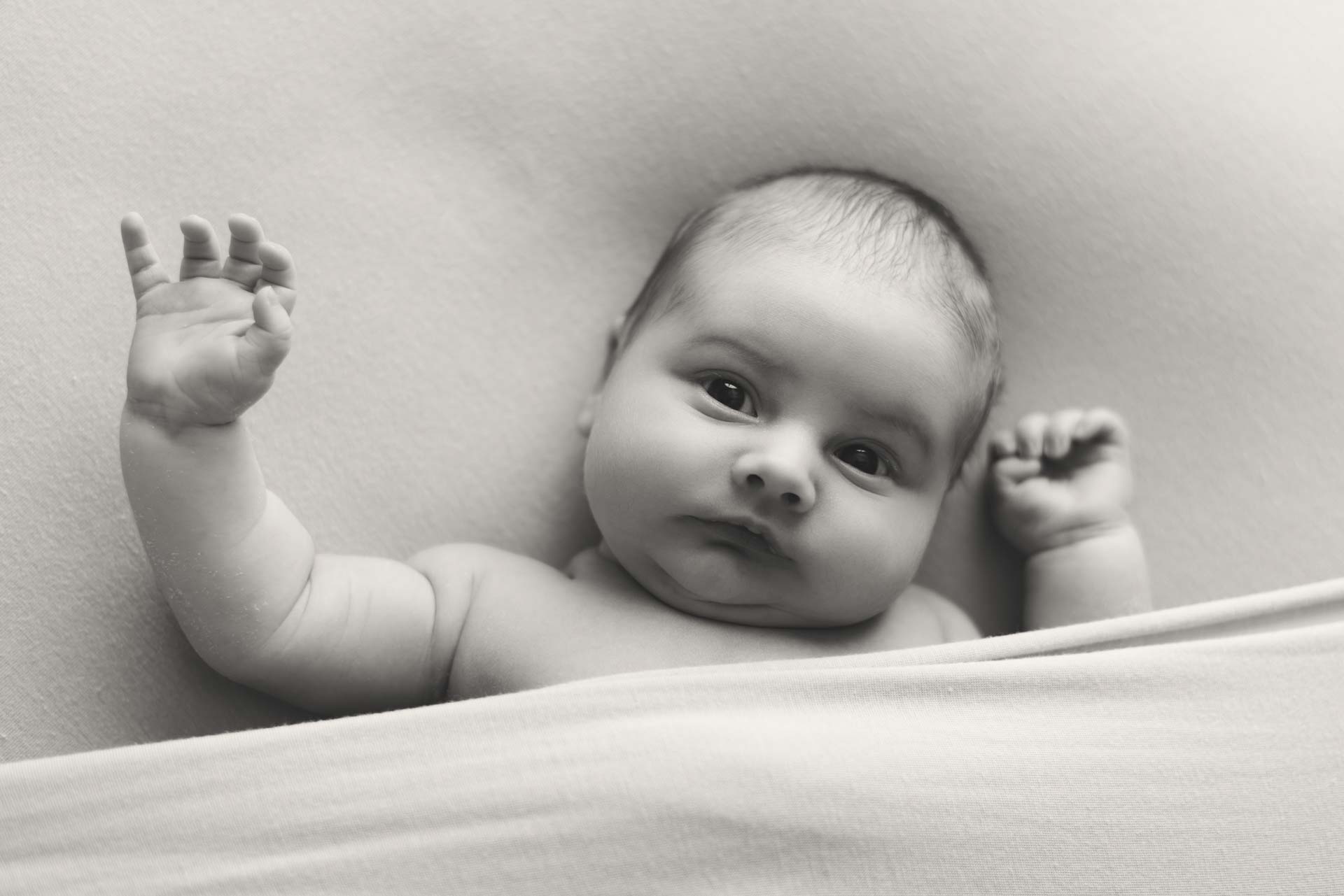 Baby boy with chubby cheeks and eyes wide open tucked in under a blanket on the photographers beanbag at his newborn photoshoot. The photograph is black and white
