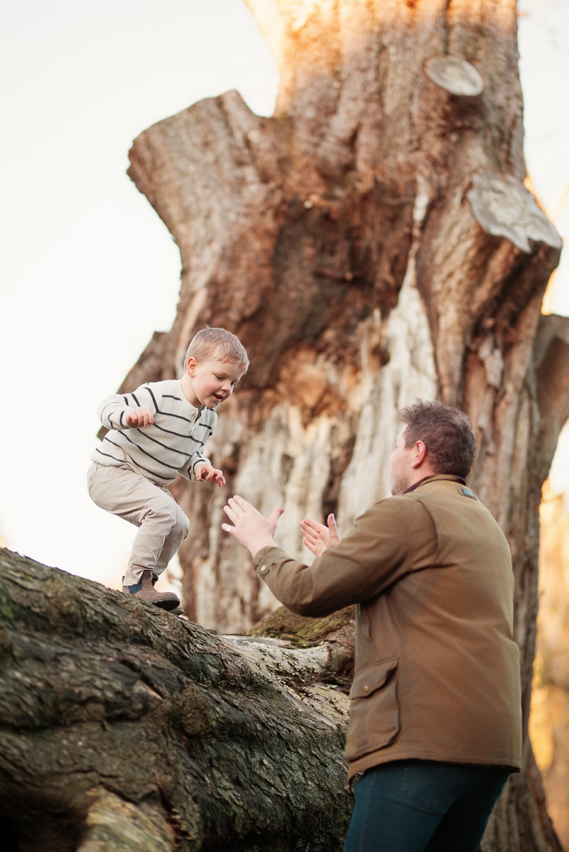 Son jumping off a log into his father's arms